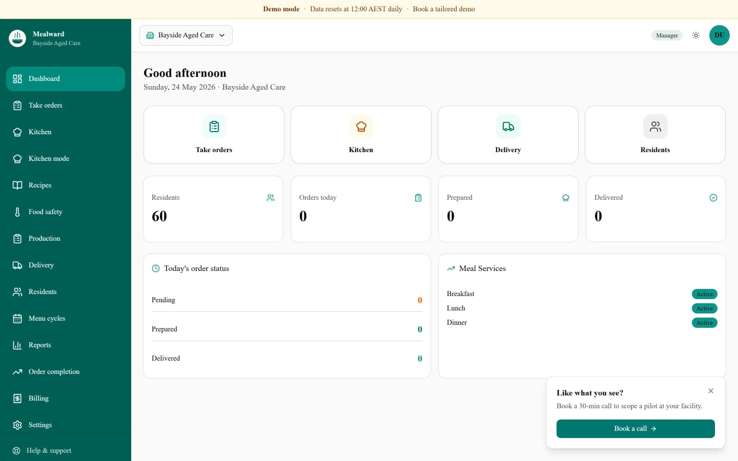 Mealward dashboard - daily order status, meal services, resident count